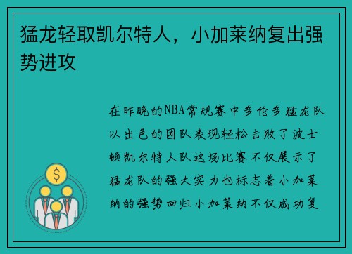 猛龙轻取凯尔特人，小加莱纳复出强势进攻